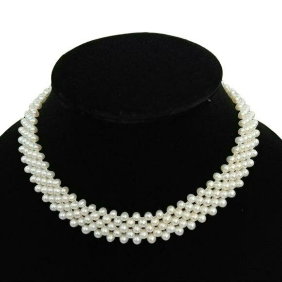 White Freshwater Pearl Multy Strand Choker Necklace 925 Sterling‎ Silver Clasp - Picture 1 of 7
